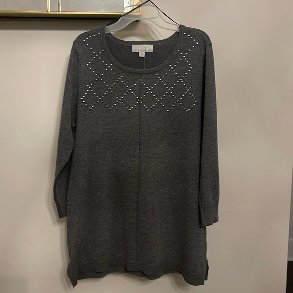 Carolyn Taylor Women’s Sweater 3/4 Length Sleeve Studded Grey Sweater Medium